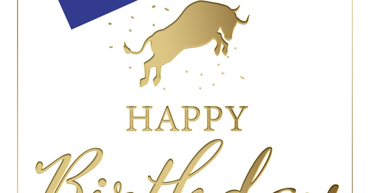 A white happy-birthday card has a blue gift box with gold stars and an open lid. A drawing of a bull sits above the text.