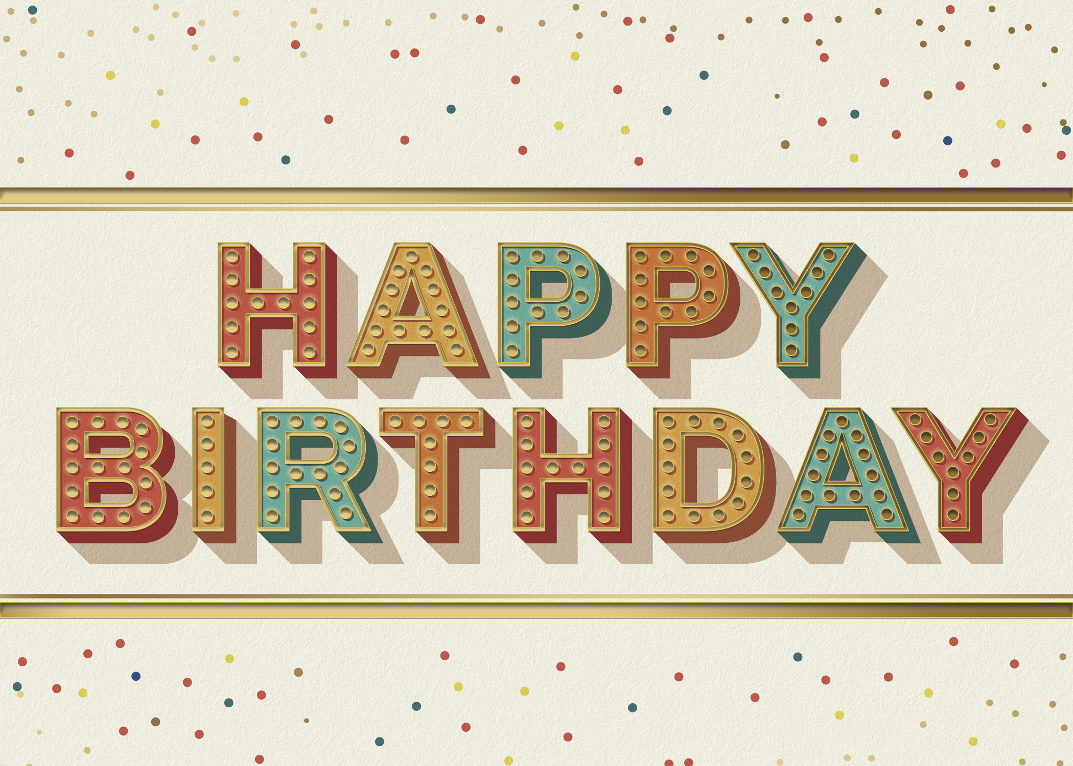 A happy birthday card that features block text with dots outlining the letters. Multicolored dots fill the margins. A happy birthday card that features block text with dots outlining the letters. Multicolored dots fill the margins.