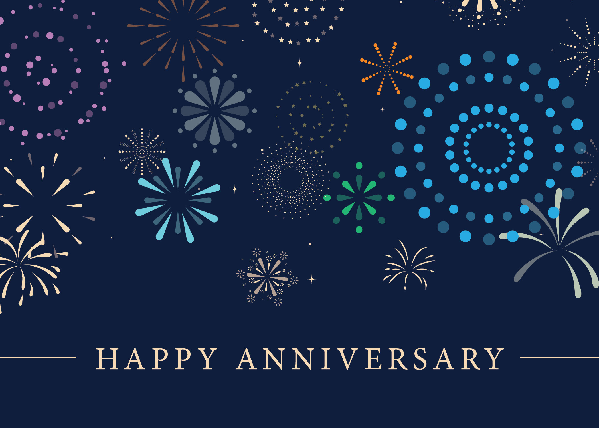 A navy card with the text "Happy Anniversary." Light blue, purple, and yellow fireworks decorate the top of the card. A navy card with the text "Happy Anniversary." Light blue, purple, and yellow fireworks decorate the top of the card.