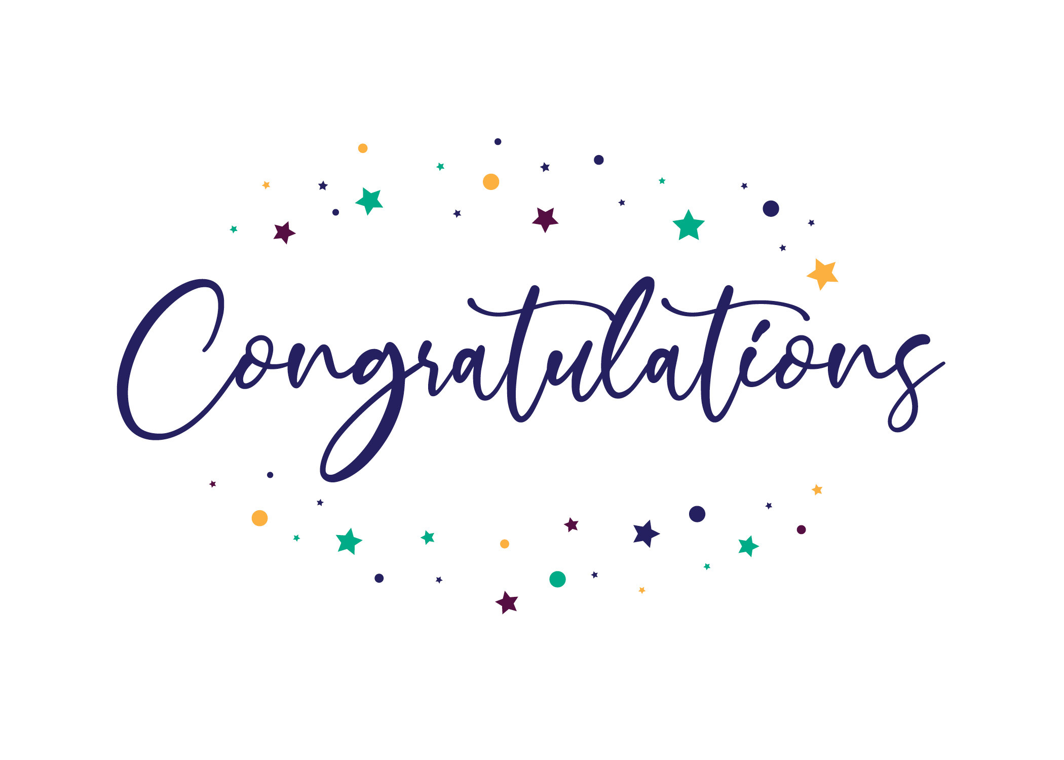 A white card with "Congratulations" written in calligraphy. Yellow, teal, and navy stars and dots float around the text. A white card with "Congratulations" written in calligraphy. Yellow, teal, and navy stars and dots float around the text.