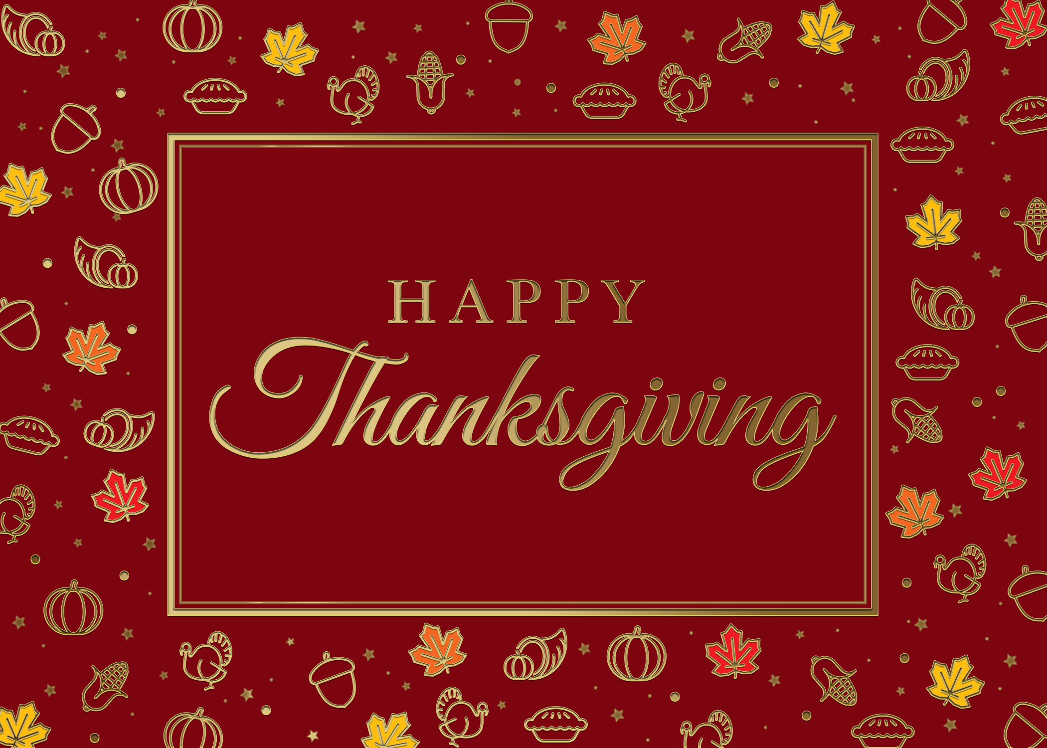 Building a Repeatable Holiday Outreach Strategy: A Guide A dark red happy Thanksgiving card features small gold icons of pumpkins, corn, cornucopias, acorns, pies, and leaves.
