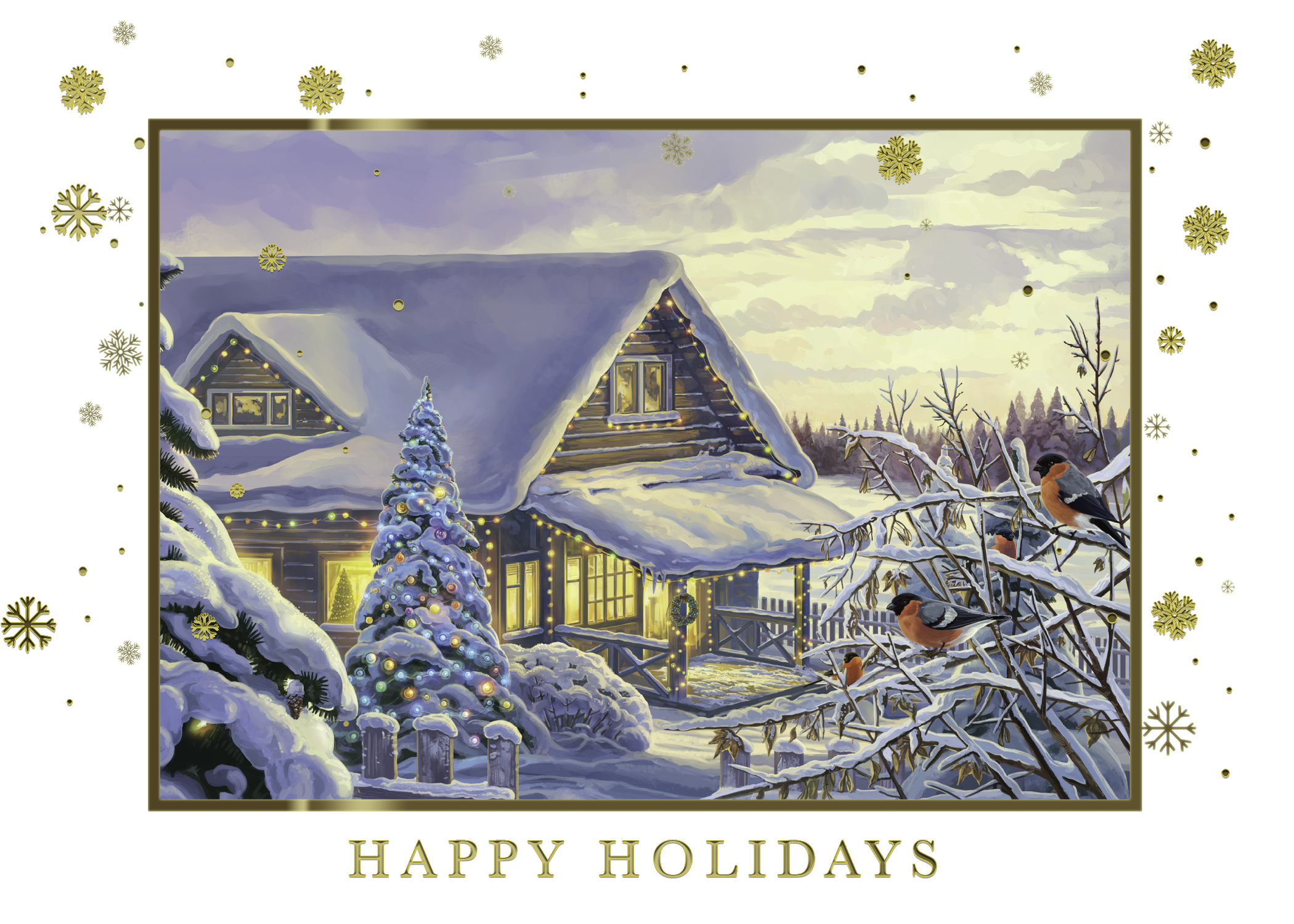 Building a Repeatable Holiday Outreach Strategy: A Guide A happy holidays card has a white border with snowflakes. The center image is a snow-covered cabin with a Christmas tree.