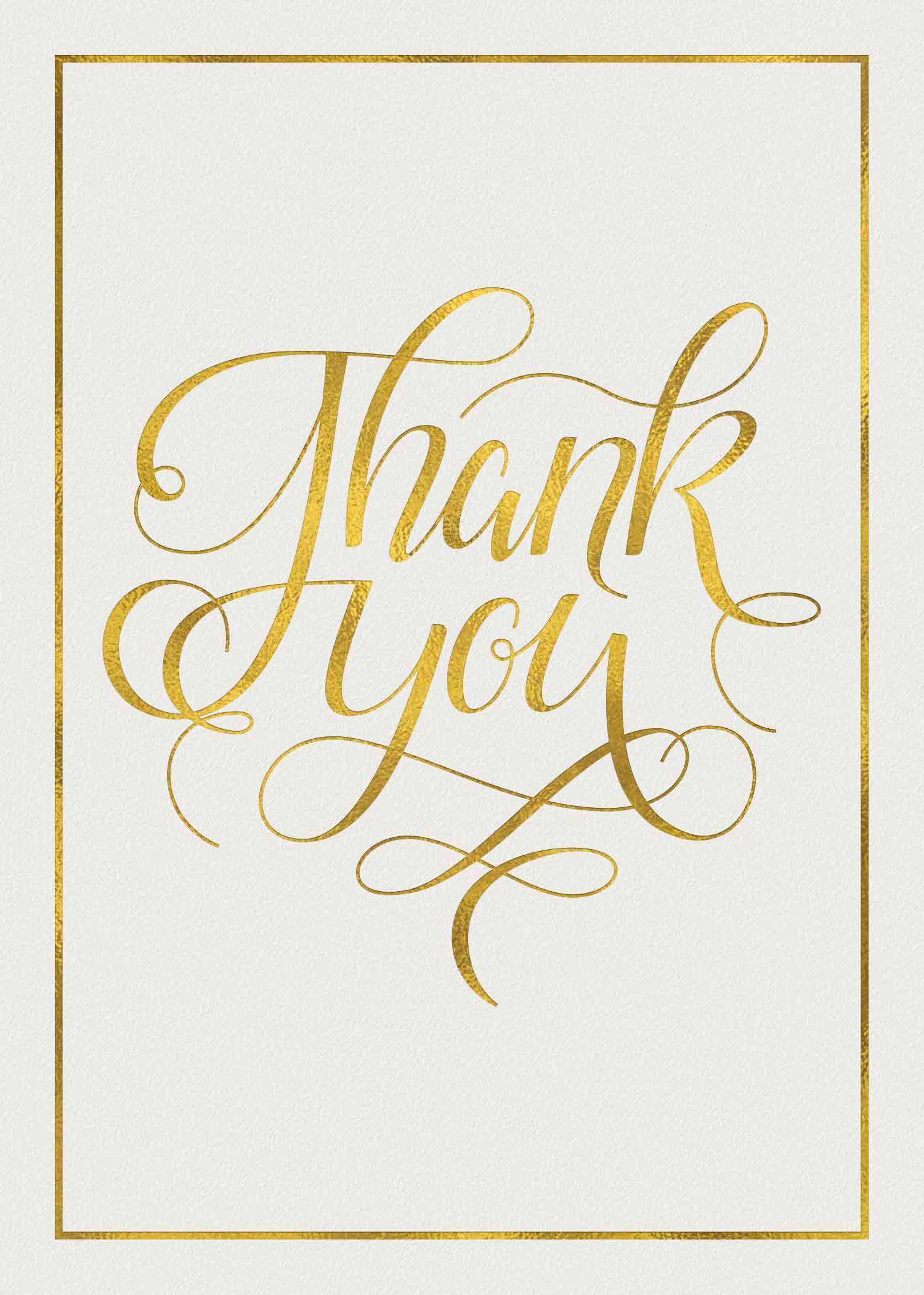 A thank-you card features shimmering gold text and a border against a white background. The text is in cursive.