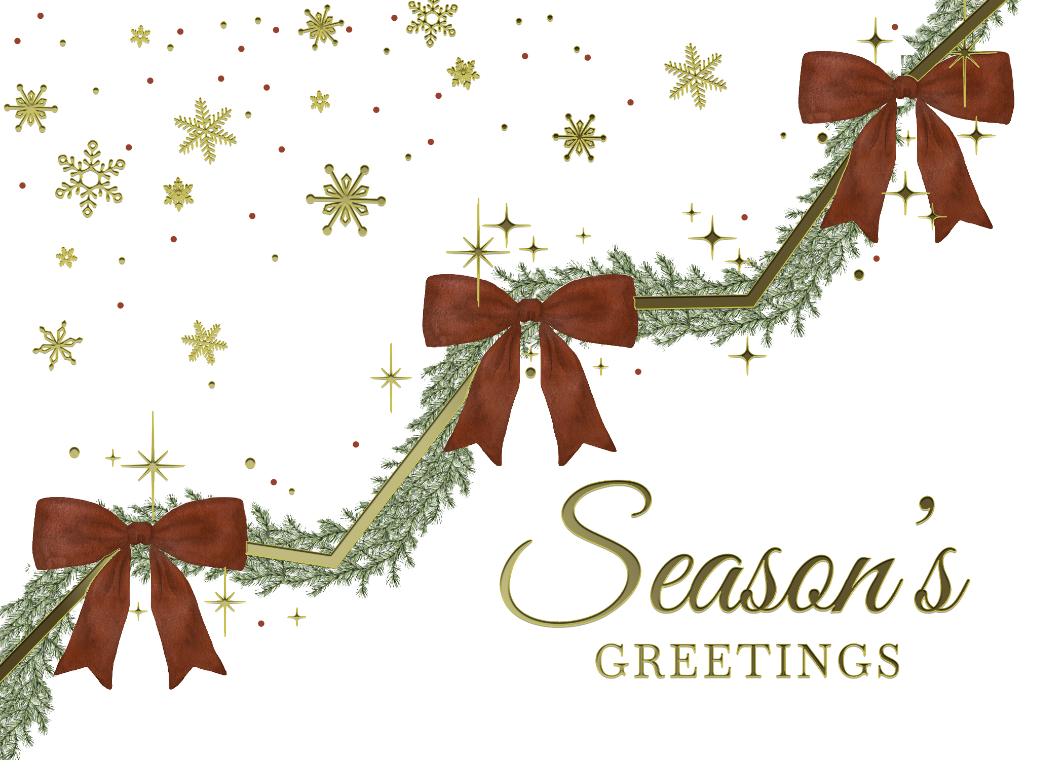 7 Ways To Get Ready for a Successful Q4 Season A white Season's Greetings card features gold snowflakes and a gold trending line decorated with pine needles and red bows.