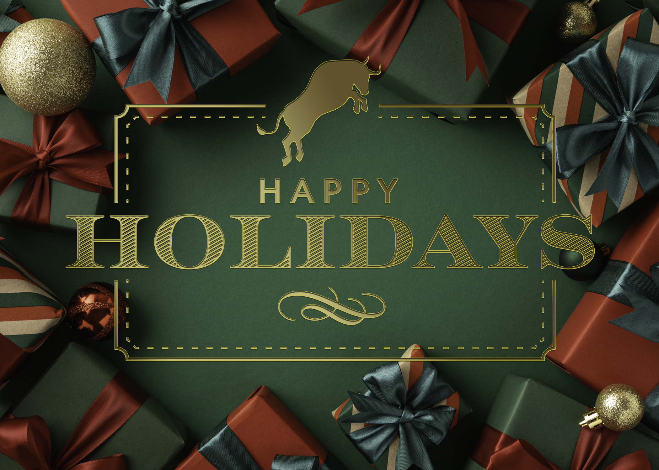 A Happy Holidays card with gold text and a dark green background. Green, red, and gold presents are on the edge of the image.