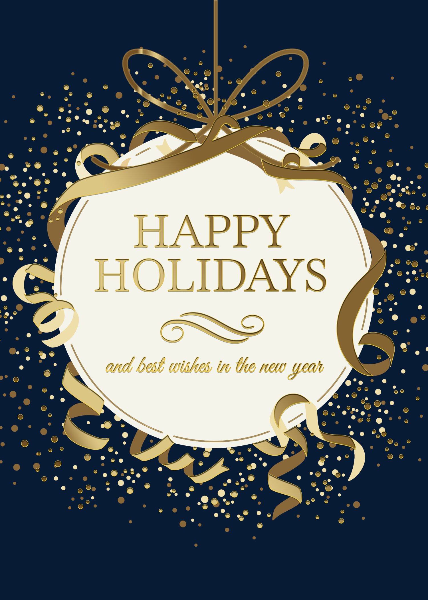 A happy holidays card with a navy blue background has a white ornament hanging in the center and gold ribbons.