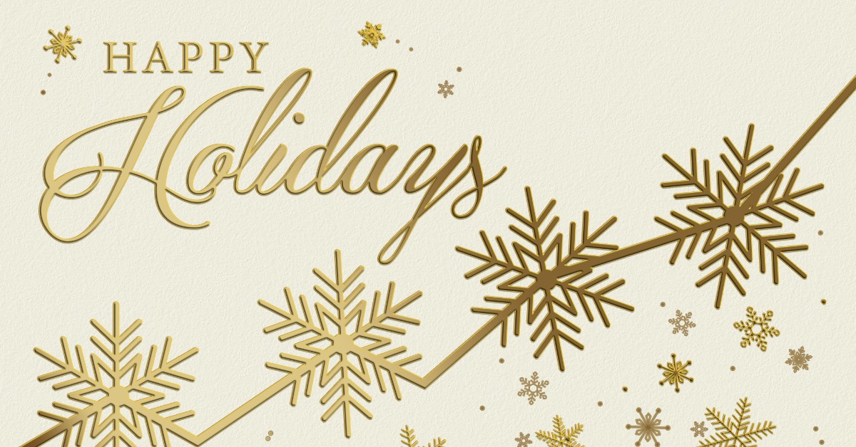 A cream-colored happy holidays card has a gold uptrend line with snowflakes positioned at the peaks.