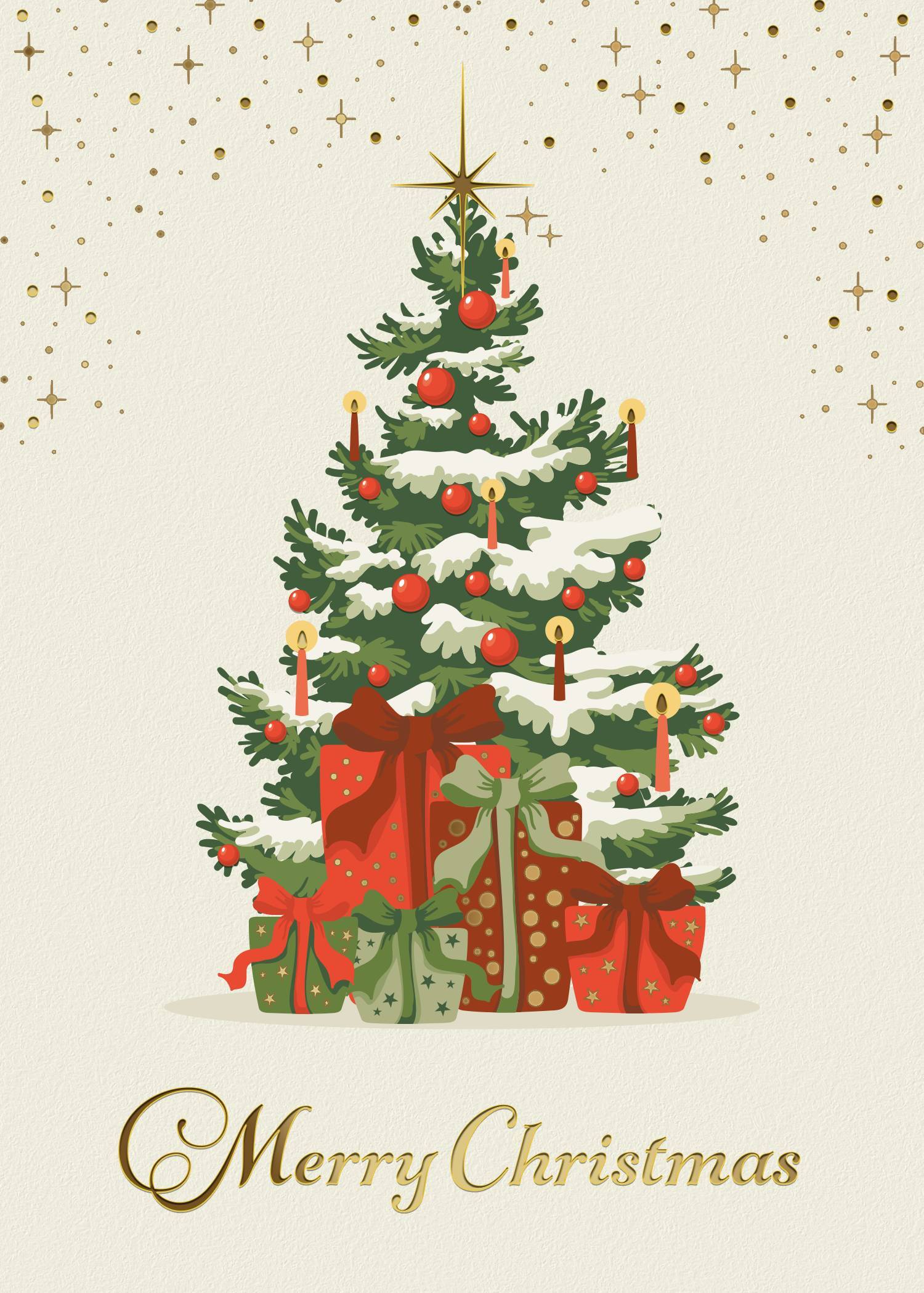A Merry Christmas card features a Christmas tree with snow-covered branches. Red and green presents are at the tree's base.