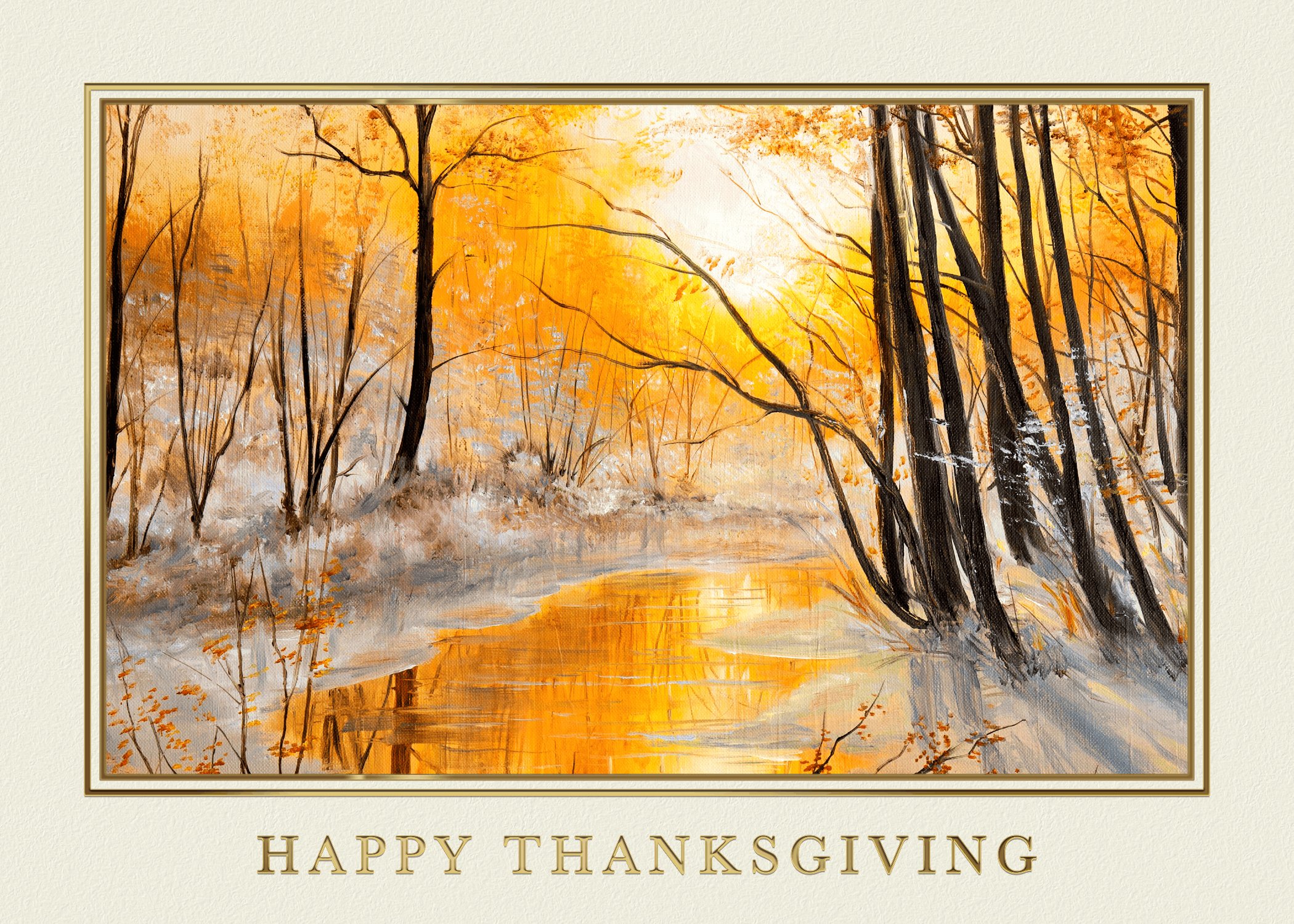 A Happy Thanksgiving card bare trees, an orange sunset in the background, and sunlight reflecting on a river.