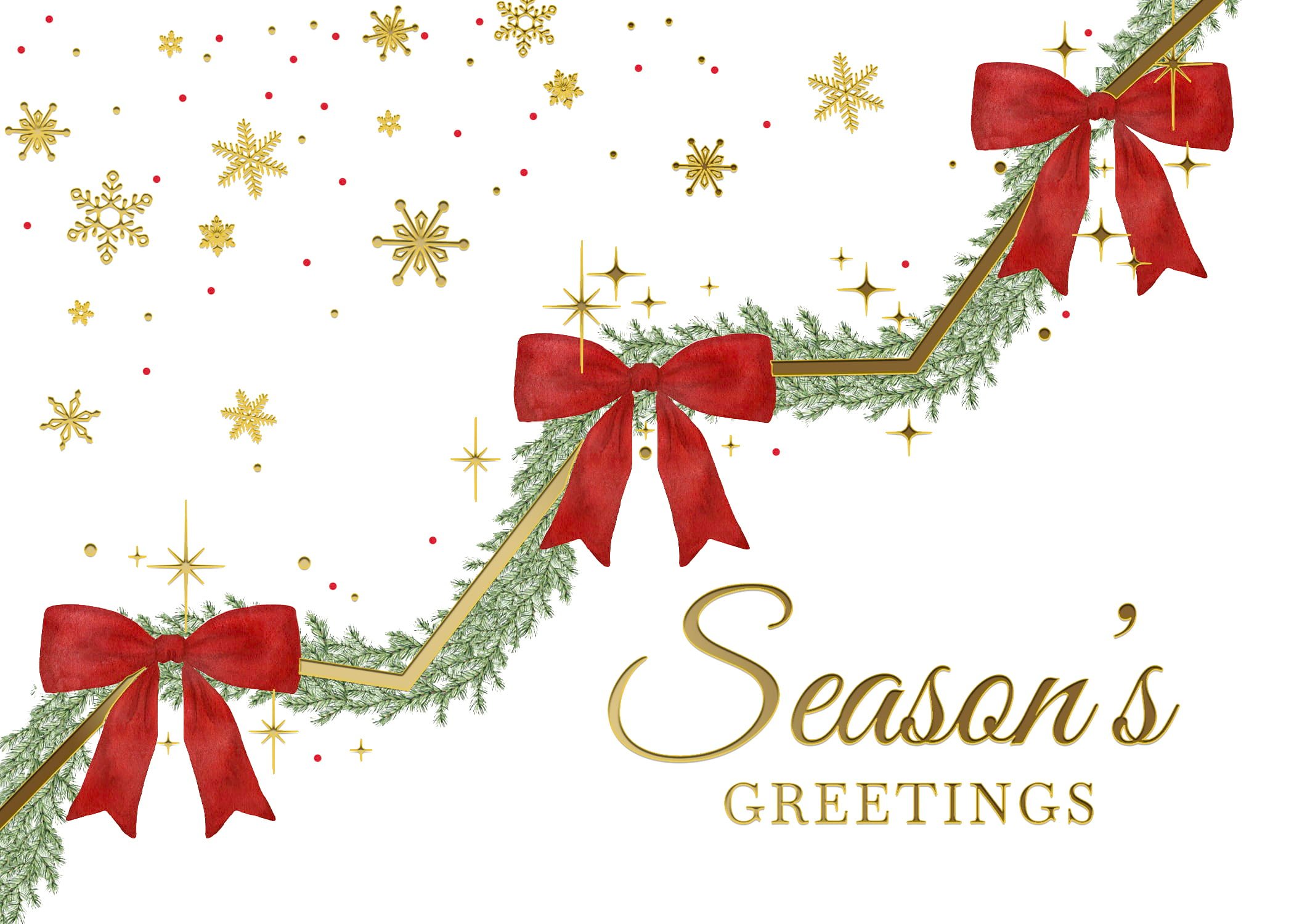 New Financial Holiday Greeting Trends for Year-End 2026 A cream-colored season's greetings card has a gold uptrend line with garland and red bows positioned at the peaks.