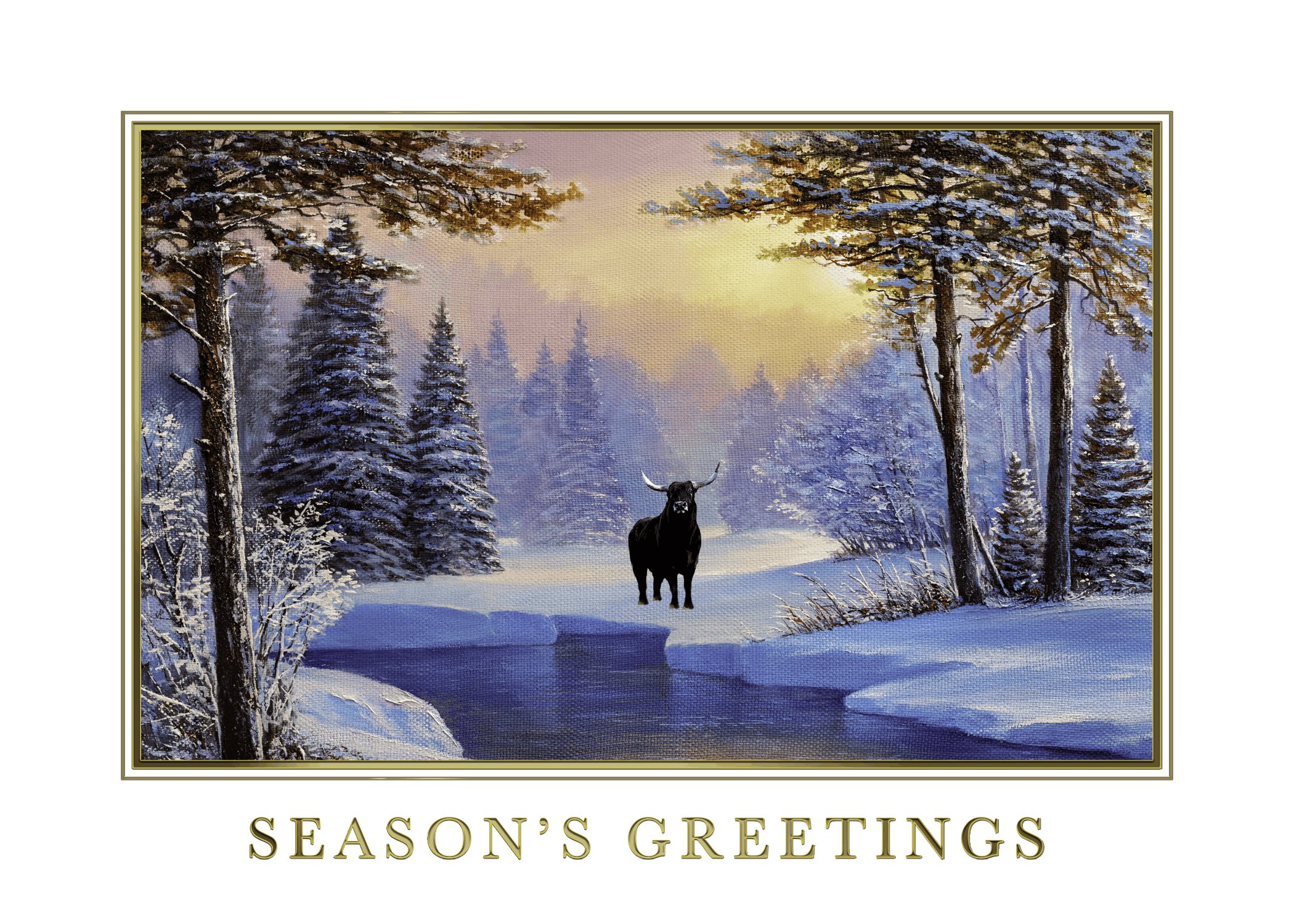 New Financial Holiday Greeting Trends for Year-End 2026 A season's greeting card has a drawing in the center of a forest landscape in winter. A bull stands by a stream.