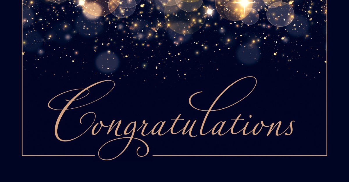A congratulations card with cursive script, a navy background, and layered sparkles and circles of light. A congratulations card with cursive script, a navy background, and layered sparkles and circles of light.