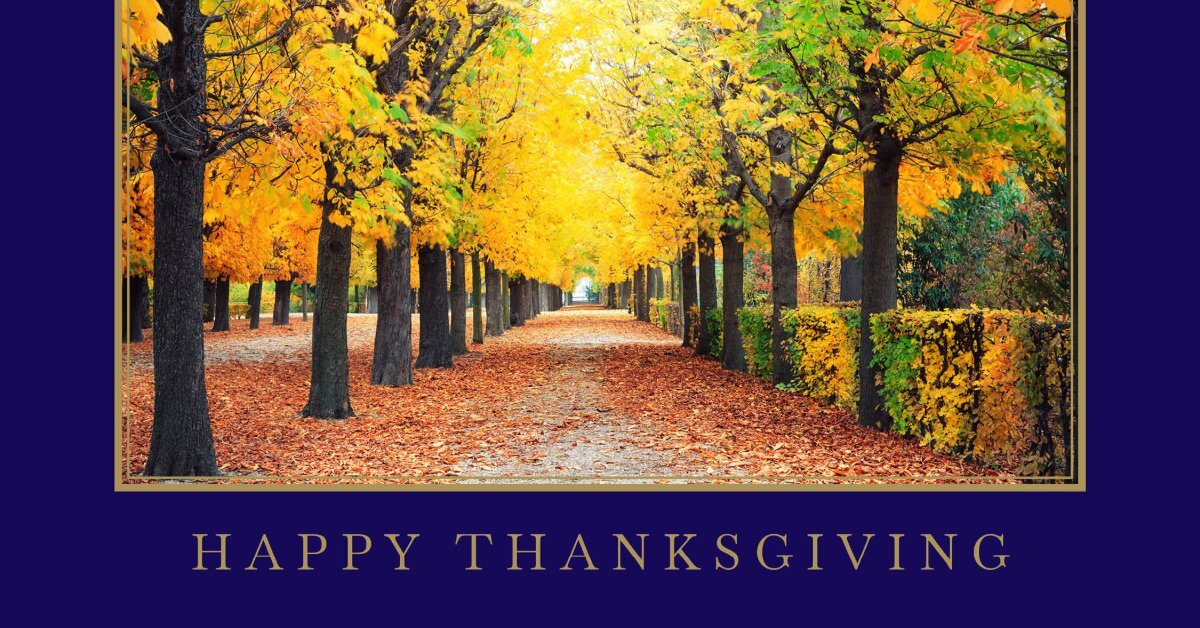 Thanksgiving greeting card showcasing a scenic autumn tree-lined pathway with vibrant fall foliage and warm seasonal colors.
