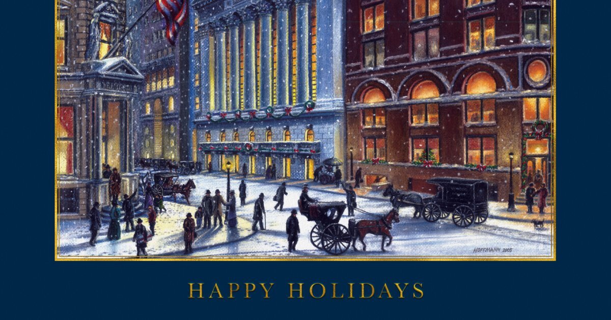 A holiday greeting card with a snowy Wall Street scene, horse-drawn carriages, and warmly lit buildings at night. A holiday greeting card with a snowy Wall Street scene, horse-drawn carriages, and warmly lit buildings at night.