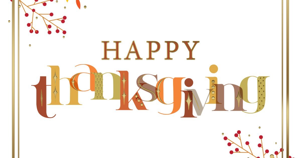 A Thanksgiving greeting card with decorative typography, autumn colors, and gold border details. A Thanksgiving greeting card with decorative typography, autumn colors, and gold border details.